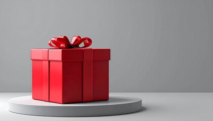 A vibrant red gift box with a bow sits atop a cylindrical platform against a plain gray backdrop