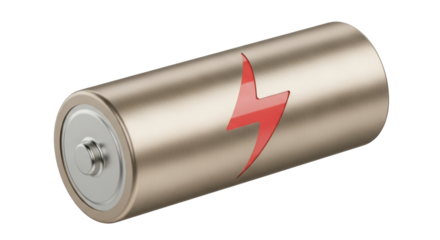 Isolated metal cylindrical battery with energy lightning bolt symbol for electricity power icon