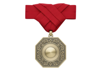 Isolated Award of honor or achievement medal, red ribbon, golden color, official recognition