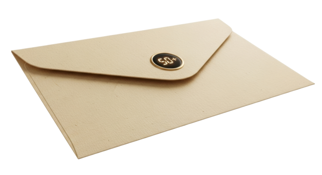 Isolated craft envelope with 50+ badge for special event like 50th birthday or anniversary