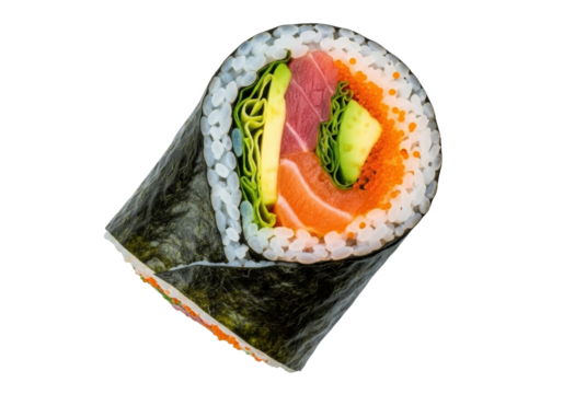 Isolated delicious sushi roll, nori wrap with salmon, tuna, rice, avocado, tobiko and vegetables