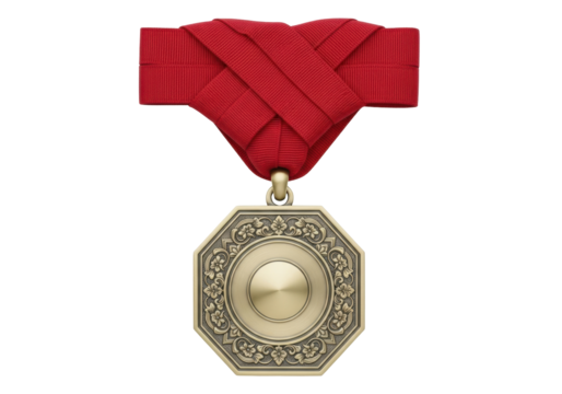 Isolated Award of honor or achievement medal, red ribbon, golden color, official recognition