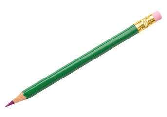 Isolated green pencil lying diagonally on a neutral backdrop with eraser and sharpened tip