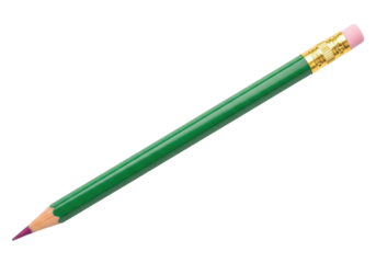 Isolated green pencil lying diagonally on a neutral backdrop with eraser and sharpened tip