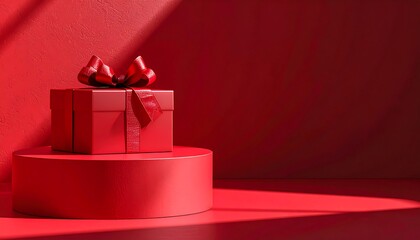 A vibrant red gift box with a ribbon sits on a round pedestal against a matching wall with soft light