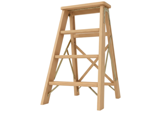 Isolated step ladder. Wooden folding stool for housework, repair, construction task on steps
