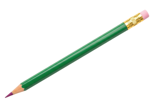 Isolated green pencil lying diagonally on a neutral backdrop with eraser and sharpened tip