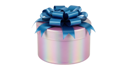 Isolated iridescent gift box with blue ribbon, decorative surprise for any occasion