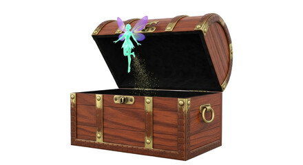 Isolated wooden treasure chest with open lid and fairy emanating magical glitter dust inside