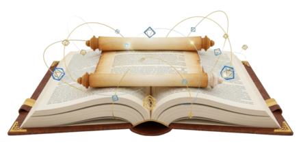 Isolated book with parchment scroll and esoteric symbols over open pages knowledge