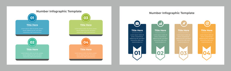 Four Step Numbered Infographic Business with Colorful Rounded Rectangles and Arrow Shapes on White Backgrounds