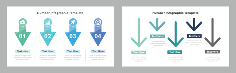 Numbered Business Infographic with Arrow Icons and Text Boxes, Four Steps and Three Steps