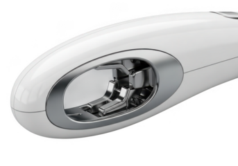 Close up of a white electric epilator head with metallic accents isolated on transparent background