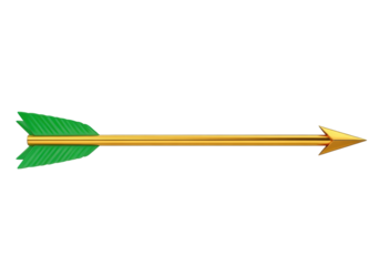 Isolated golden arrow with green fletching shows path of travel, gold point for target hits