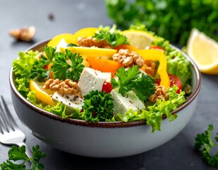 Bowl of vibrant salad with cheese, peppers, walnuts, parsley, and lemon wedges on dark stone