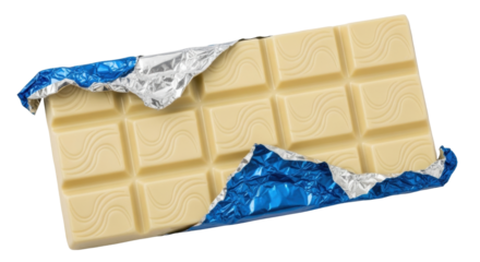 Isolated creamy white chocolate bar with blue foil wrapper on table, decadent treat, sweet