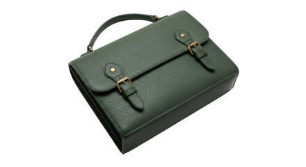 Isolated green satchel bag, leather briefcase or bookbag with flap and buckle closure