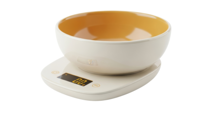 Isolated bowl on digital kitchen scale shows zero grams, perfect for cooking, baking recipes
