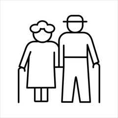 Clean line icon portraying an elderly couple with walking canes, signifying enduring companionship, mutual support, the journey of aging, and the rich wisdom of life