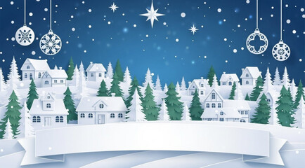 Christmas holiday village landscape background in paper cut style with snowy houses, pine trees, forest, decoration, star, ornament, hanging ball, snowfall, winter night, and greeting card banner