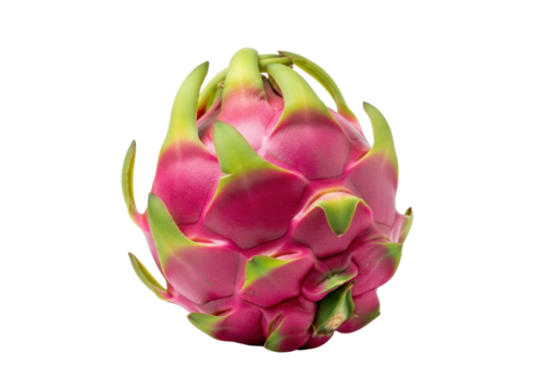 Isolated pink dragon fruit or pitaya with green scale-like leaves, tropical fruit, fresh healthy food