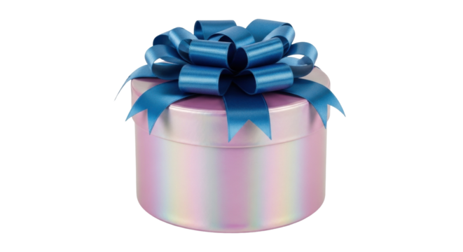 Isolated iridescent gift box with blue ribbon, decorative surprise for any occasion