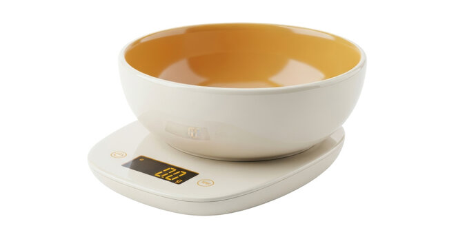 Isolated bowl on digital kitchen scale shows zero grams, perfect for cooking, baking recipes