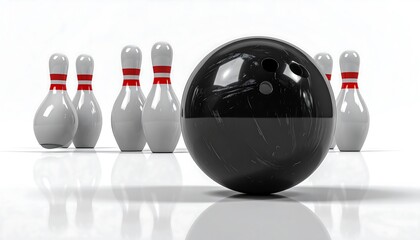 Bowling ball dominates, pins behind. Black, marbled ball, white pins with red bands, reflecting on surface