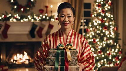 Woman Holding Holiday Gifts by Christmas Tree - A smiling woman in a striped gown holds a stack of wrapped gifts in front of a decorated Christmas tree and a fireplace adorned with stockings. - Powered by Adobe