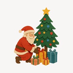 Santa arranging colorful Christmas gifts.