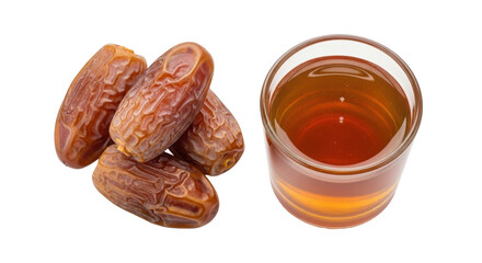 Isolated fruit dates and beverage, a healthy Middle Eastern snack and drink, Ramzan concept