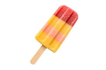 Frosty Striped Ice Lolly Popsicle with Red, Pink and Yellow Layers on Wooden Stick - Isolated on Black