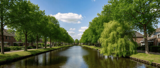Fototapeta premium Canal Lined with Green Trees in Residential Area