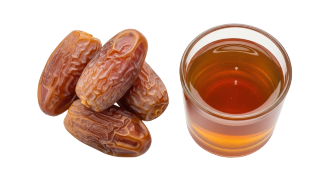 Isolated fruit dates and beverage, a healthy Middle Eastern snack and drink, Ramzan concept