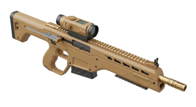 Isolated tactical bullpup rifle, modern assault weapon with optical sight for military use - Powered by Adobe