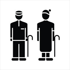 Black silhouette icon of an elderly couple, a senior man and woman, standing with walking canes, symbolizing the dignified journey of aging, companionship, and mature health