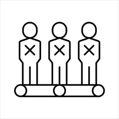 Conceptual illustration of three minimalist figures with 'X' marks on a platform, symbolizing rejection, exclusion, or a failed selection process