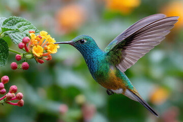 Fototapeta premium Colorful hummingbird feeding on vibrant flowers in a tropical garden