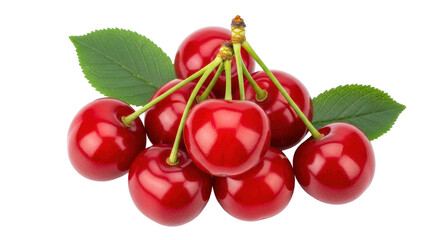 Isolated cherries close-up with stems and green leaves, glossy red fruit bunch, raw food, healthy diet