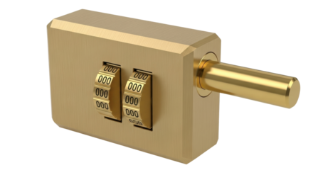 Isolated gold-colored lock mechanism with resettable combination, zeroed setting, studio shot