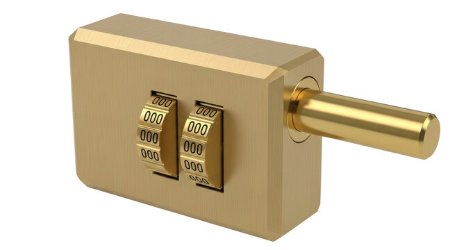 Isolated gold-colored lock mechanism with resettable combination, zeroed setting, studio shot