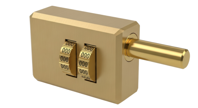 Isolated gold-colored lock mechanism with resettable combination, zeroed setting, studio shot