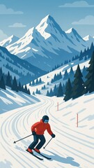 Skiing adventure in snowy mountains.