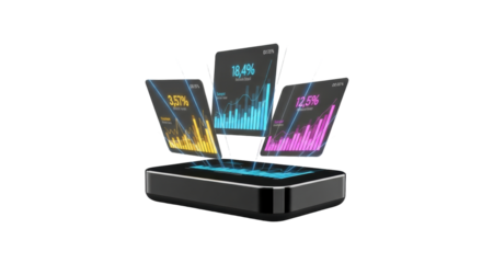 Isolated business analytics display showing financial data projections on multiple virtual screens