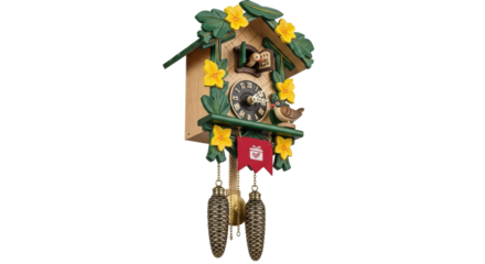 Isolated Cuckoo Clock decorated with wood carvings and flowers, a German style time piece