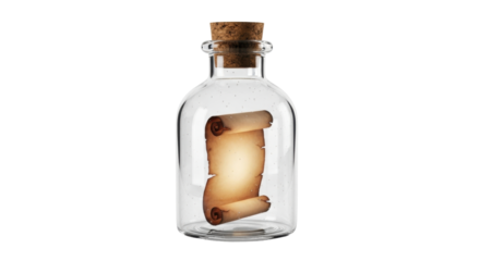 Isolated Message in Bottle Vintage Scroll, Secret Paper Parchment, Antique Concept, Treasure Map