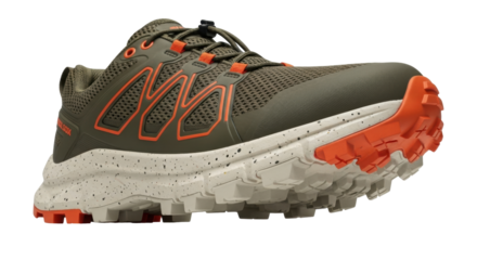 Isolated trail-running shoe, athletic footwear in muted olive green tones and vibrant orange accents