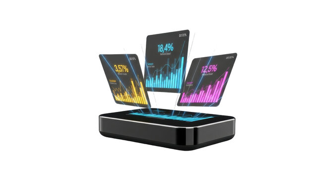 Isolated business analytics display showing financial data projections on multiple virtual screens