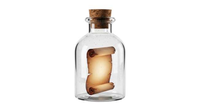 Isolated Message in Bottle Vintage Scroll, Secret Paper Parchment, Antique Concept, Treasure Map