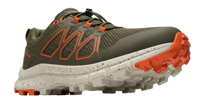 Isolated trail-running shoe, athletic footwear in muted olive green tones and vibrant orange accents